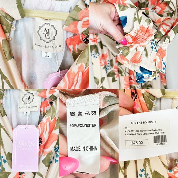 NWT Arthur Jane Claire Ruffle Neck Floral Long Sleeve Button Up Midi Dress Large - Picture 12 of 14